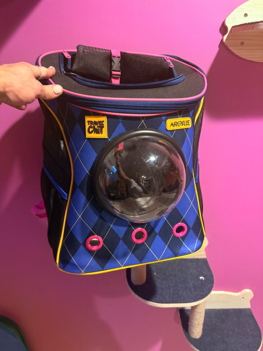 Argyle Bubble Backpack in Blue with Pink Trim